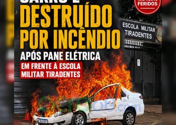 Carro é destruído por incêndio após pane elétrica em frente à Escola Militar Tiradentes