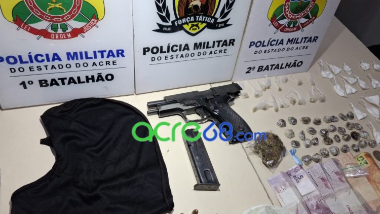 Operação conjunta das Forças Táticas resulta na prisão de dois suspeitos, apreensão de pistola israelense e drogas em Rio Branco